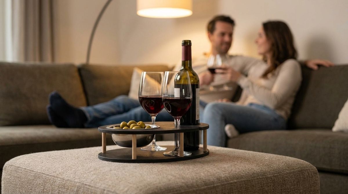 Weinbar auf dem Couchtisch mit Rotweinglas und Knabbereien