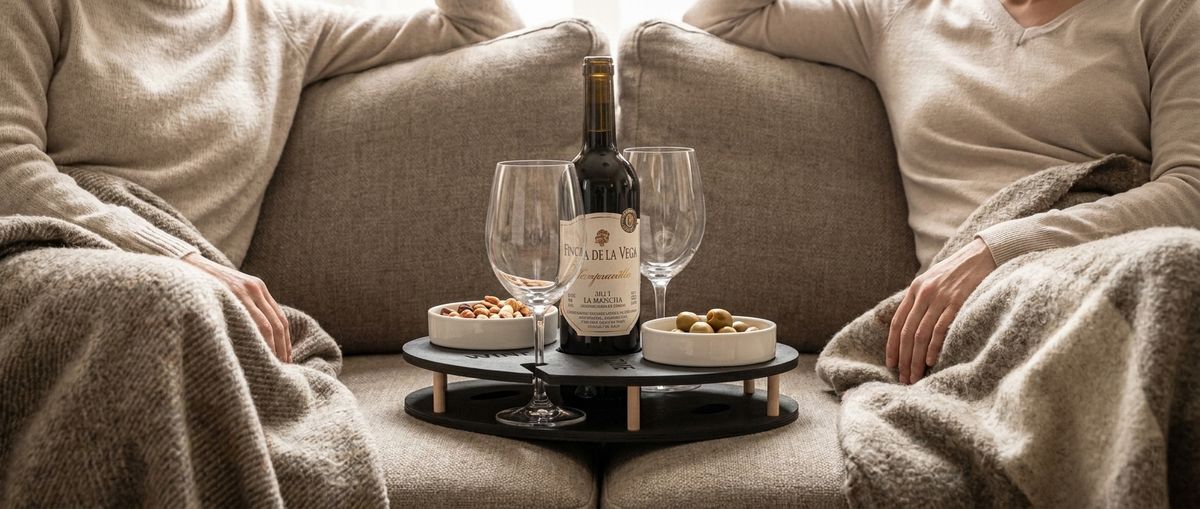 Schwarze Weinbar mit Weinflasche, Gläsern und Snacks auf einem gemütlichen Sofa.
