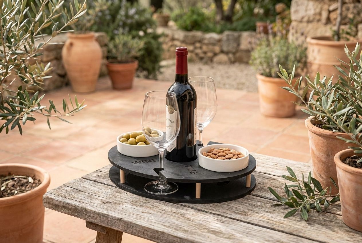 Elegante Weinbar auf einem Balkon bei stimmungsvoller Abenddämmerung