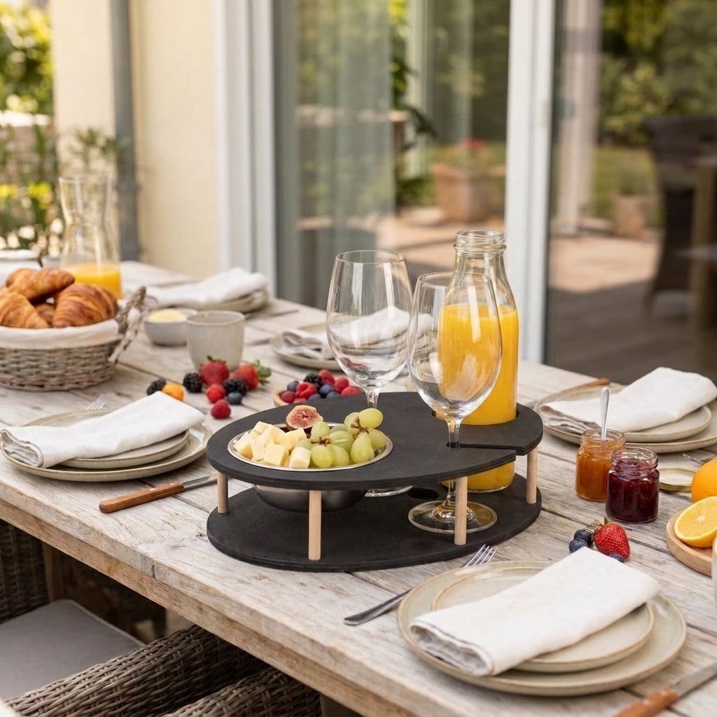 Weinbar beim Brunch im Garten mit Saftkaraffe und Früchten