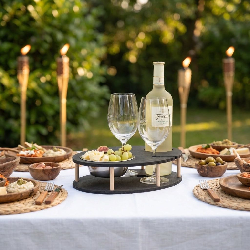 Schwarze Weinbar mit Flasche, Gläsern und Snacks auf dem Sofa