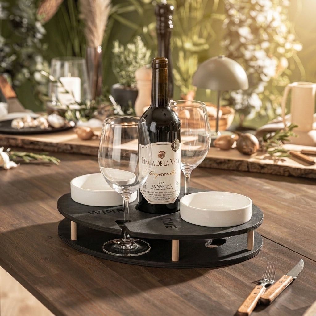 WeinBar Double in Mattschwarz mit zwei weißen Keramikschalen und WINE-TIME Gravur