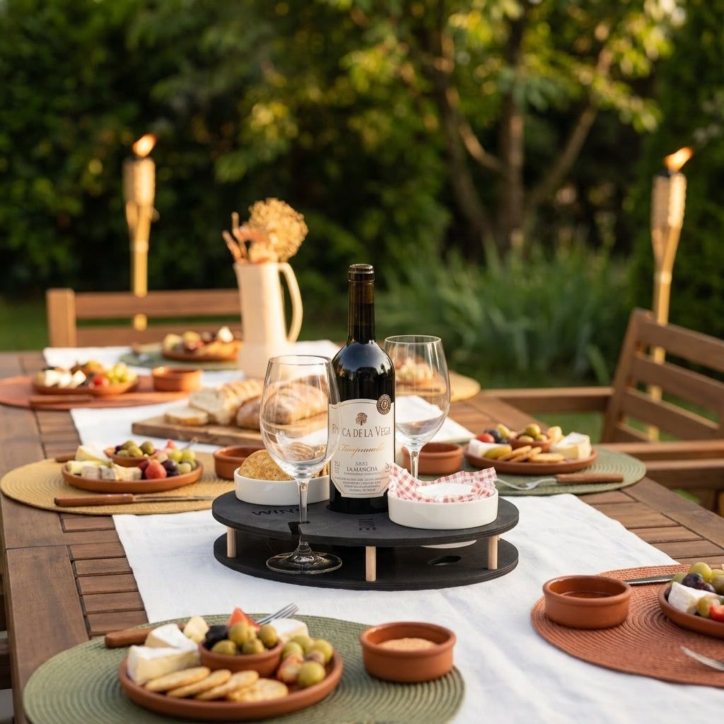 Weinbar auf einem rustikalen Gartentisch am Abend